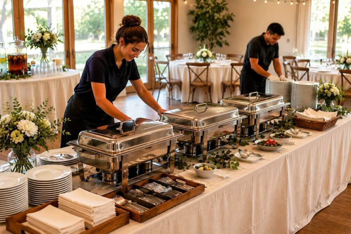 Event catering Durham NC buffet setup before a wedding reception.